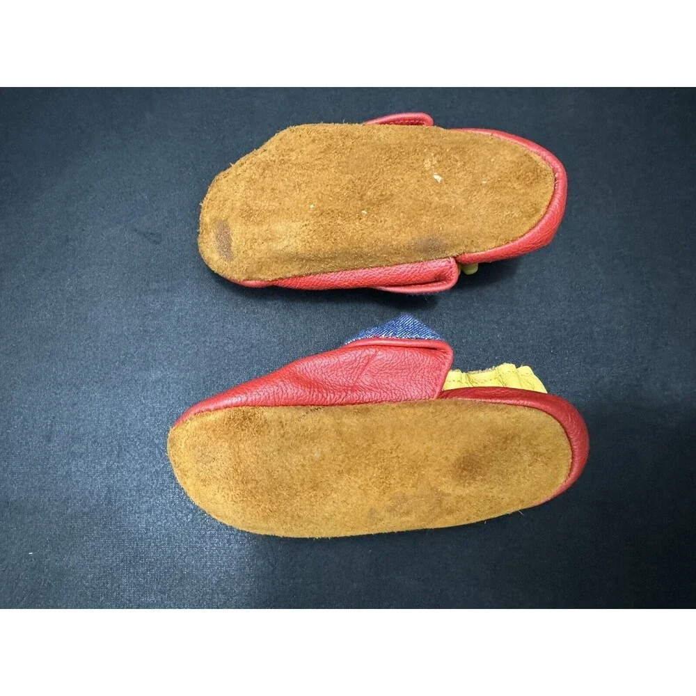 Mini-Mocs Infant Moccasin Shoes 12-18 Months Y2K Butterfly Leather Red + Denim